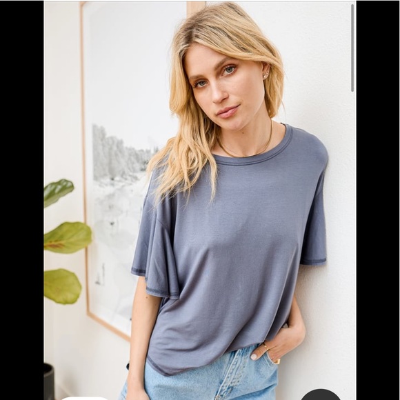 Slate Blue Flutter Sleeve Tee Shirt- NEW! - Picture 2 of 3